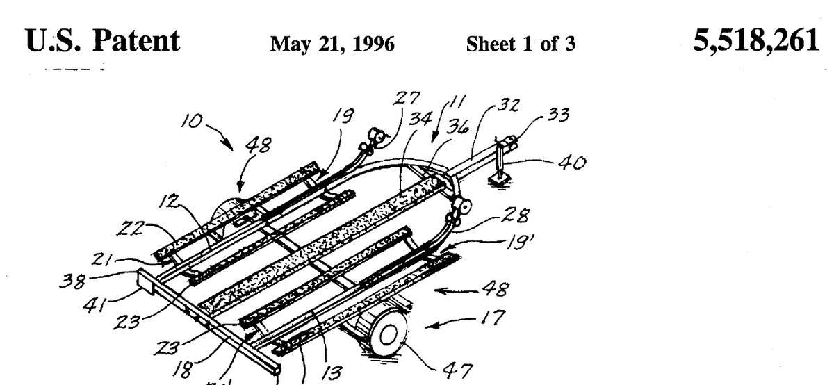 Patent figure showing a personal watercraft trailer with arcuate winch posts.
